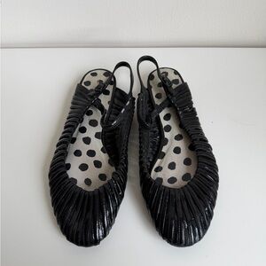 Tsumori Chisato Black Pleated Slingback Flats with Polka Dot Insole